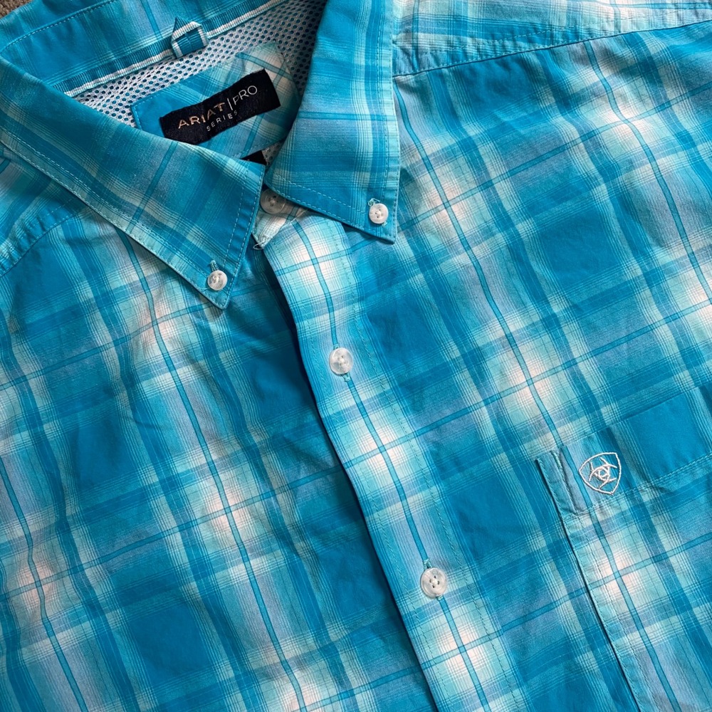 Ariat Pro Series Shirt Mens XL Blue Plaid Short Sleeve Button Down Performance